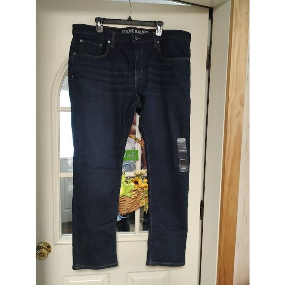 New Eddie Bauer Straight Fit Dark Blue Flannel Lined Jeans Men's 40/32
